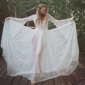 Ilusión Boho vestidos de novia largos para mujer 2020 vestido de novia gongbaolage cuello en V encaje bohemio ajustado fiesta Sexy vestido de novia 243t