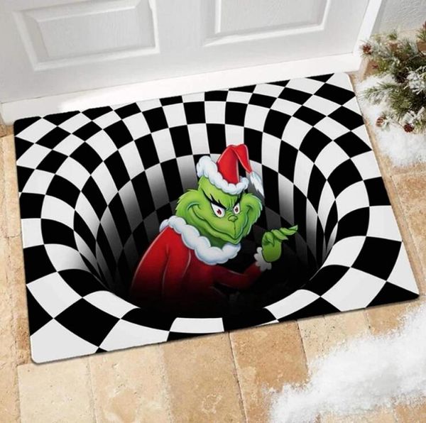 Paillasson Illusion de Noël Tapis de porte visuel antidérapant Grinch pour Noël Père Noël Intérieur Extérieur Fête à la maison Tapis noir 50X80CM FY537613517077
