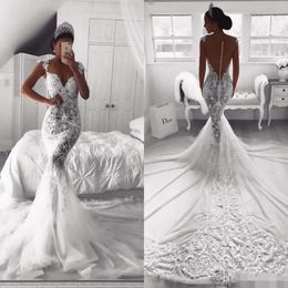 Illusie Elegante zeemeermin -rugjurken Overdekte Knoppen Lace Applique Chapel Train Custom Made Wedding Gown Vestido de Novia