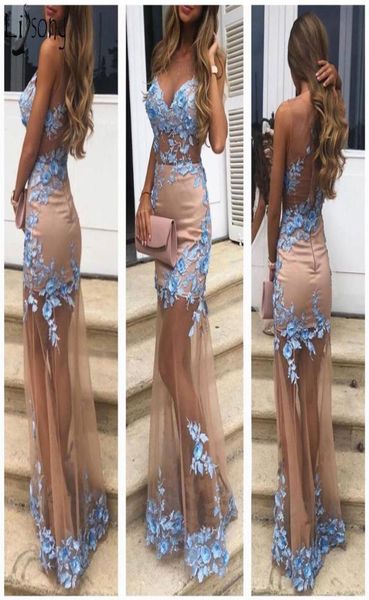 Illusion Long Robes de bal 2019 Sexy Sweetheart Blue Appliques sans manches Soirée de soirée robe de soirée chic