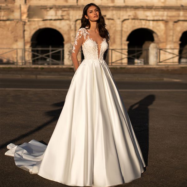 Illusion manches longues dentelle perles robe de mariée pure cou mariage robes de mariée sexy dos bouton satin mariée