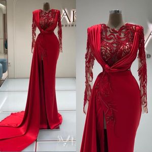 Illusion manches longues sirène robes de bal Gala jurk lang perlée cristal queue de poisson arabe Aso Ebi robe de soirée