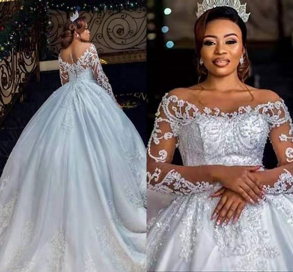 Illusion manches longues église royale robes de mariée luxe appliques dentelle africaine nigérian Aso Ebi princesse robe de mariée