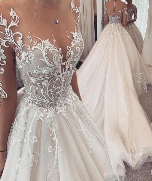 Illusion des robes de mariée à manches longues 2021 Jewel Zipper Appliques de dos perles longs de train long vestido de novia robes de mariée personnalisées8299837