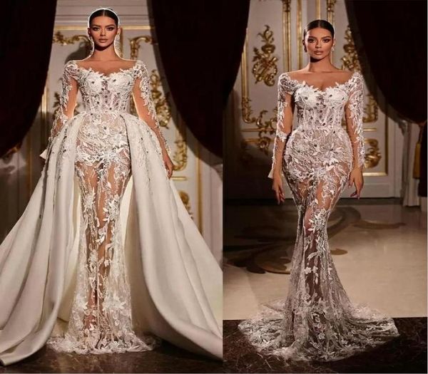 Ilusión sirena vestidos de novia con tren desmontable fuera del hombro cuentas de encaje de manga larga vestido de novia sexy vestidos de boda personalizados M2099246