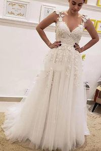 Illusion Sexy Retour Robes De Mariée Une Ligne Perles Perles Tulle Balayage Train Bretelles Dentelle Applique Robes De Chérie Robe De Novia pplique