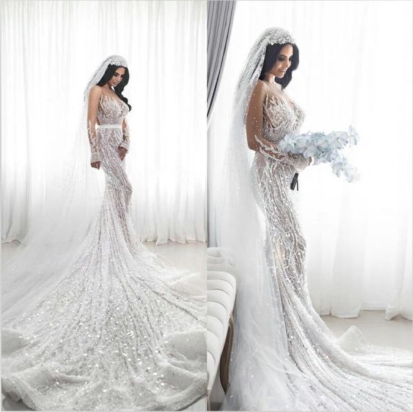 Ilusión brillante sirena vestido de novia cuentas pura cuello manga larga vestidos de novia 3D Apliques de encaje vestidos de novia