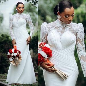 Illusion Trumpet Marid Dress Bride Elegant Manches longues High Neck Lace Bridal Bridal Bridal Fores African Arabe Black Girl Girl Mariage Custom Made D089