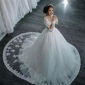 Illusion Weiß/Elfenbein Brautkleider 2024 Lange Ärmel Applikationen Spitze Perlen Pailletten Brautkleid Prinzessin Tüll Brautkleider