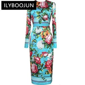 Ilyboojun Fashion Designer Spring Silk Pencil Jurk Women O-Neck lange mouw bloemenprint elegante feestjurken 240429