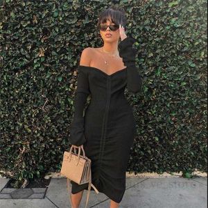 Imcute Front Cordon Sexy Bandage Femmes Maxi Dress Slash Neck Long Flare Sleeve Club Party Automne Hiver Hors Épaule Robe T230808