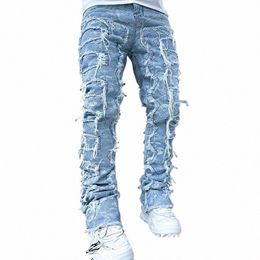 Imcute Men's Regular Fit Stacked Jeans Parche Ripped Flaco Distred Destruido Destruido Pantalones de mezclilla rectos Ropa de calle N5RK #