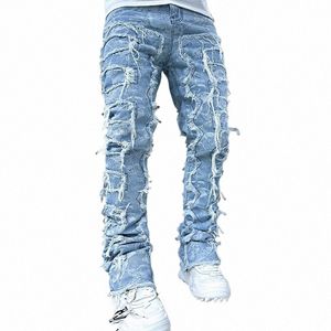 Imcute – jean empilé pour hommes, coupe régulière, Patch déchiré, slim, détruit, pantalon en Denim droit, vêtements de rue N5RK #