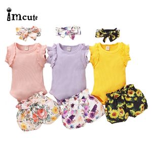 Imcute nouveau-né fille vêtements infantile bébé fille ensembles solides bodys + pantalons de fleurs + chapeaux bébé fille tenues 0- bébé vêtements LJ201221