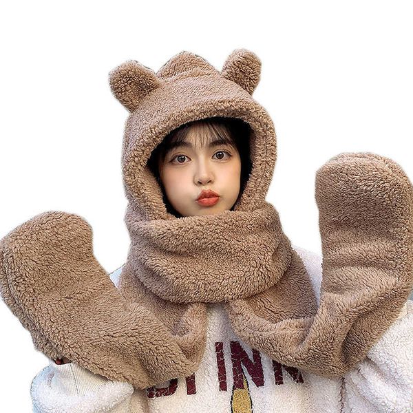 Imcute hiver peluche écharpe gants à capuche chapeau Kawaii mignon fille dessin animé bavoir Style doux couleur Pure chaud