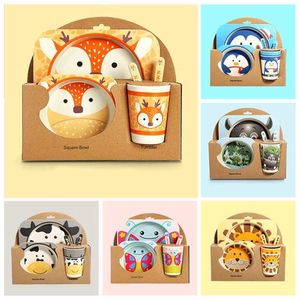 IMEBABY 5 STKS Natuurlijke Bamboe Servies Kom Voeding Kinderen Leuke Cartoon Jaar Gift Set 211026