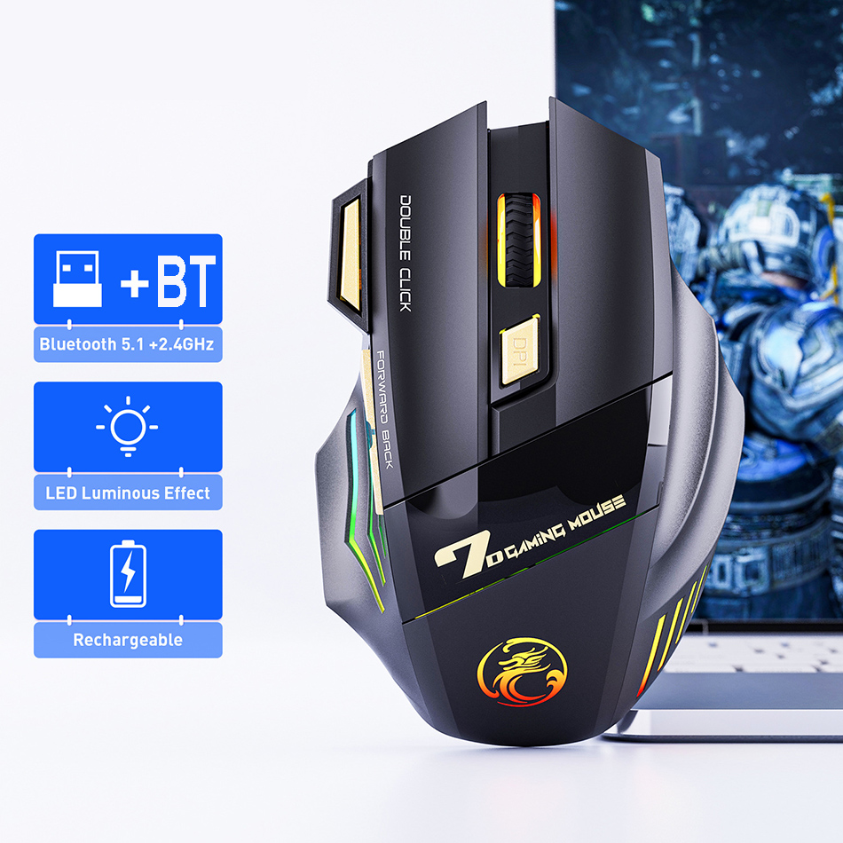 IMICE Wireless Gaming Mouse USB 3200DPI Dual Mode 2.4 GHz Bluetooth uppladdningsbara 7 nycklar Silent Game Möss 7-färg andning LED x7