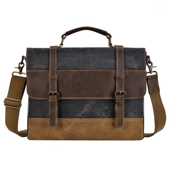 IMIDO-Bolso de mensajero para hombre, maletín de lona encerado de cuero impermeable de 15 y 6 pulgadas, bolso de cuero Vintage para ordenador portátil Satchel1302J