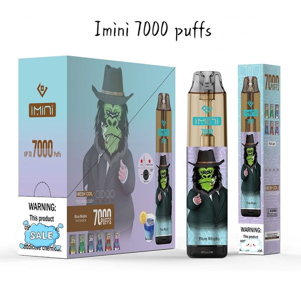 Imini Puff 7000 Disposable 7k 9k Vape Pen Vaporizer 20 saveurs 15 ml E-Liquide Juice Mesh Bobine 6 Couleur brillante RECHARGable AIR-Ajuste 0% 2% 3% 5% ECIG jetable