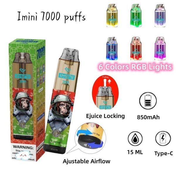 Imini Puff 7000 Disposable Vape Pen 7k 8k 9K Puff Vaporizer Gorillas 15 ml Bobine de maillage e-liquide 6 Couleur incanouée à air rechargeable 0% 2% 3% 5% Disposable E cigarette E