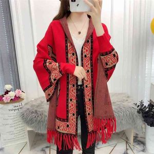 Imitatie kasjmier losse lange mouw vest trui sjaal vrouwelijke vleermuis dikke warme print mantel poncho vrouwen herfst winter 210427