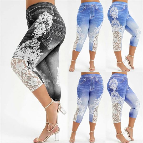 Leggings vaqueros de imitación de vaquero para mujer, Jeggings de talla grande con estampado de encaje, pantalones pitillo de media pantorrilla con empalme, pantalones de chándal de cintura alta