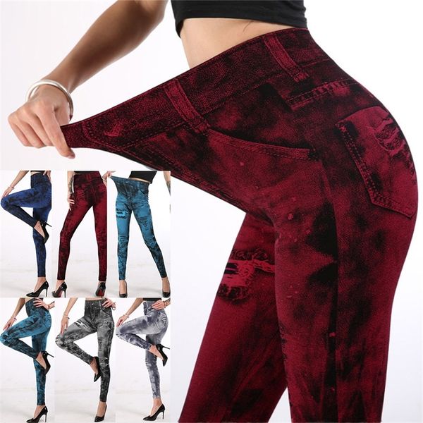 Leggings de mezclilla de imitación Pantalones de lápiz para mujer Pantalones de tobillo Pantalones recortados súper elásticos de elevación de cadera multicolor Cuerpo delgado para adelgazar 201203