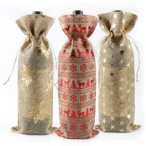 Imitation Linet Wine Bottle Covers Gold Stamping Wine Cover Christmas Elk Star DrawString Berk Botters Sacs de No￫l d￩cor TH0540