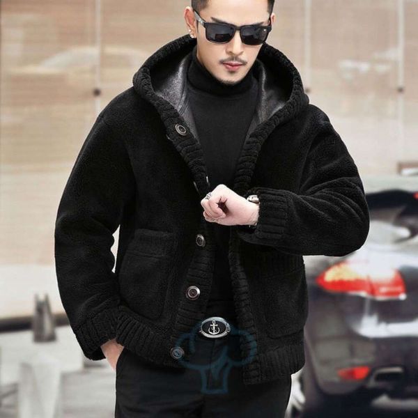 Manteau de fourrure d'imitation de vison pour hommes 2024 hiver intégré coupe de mouton velours court à capuche double designer face cuir haut de gamme L28K