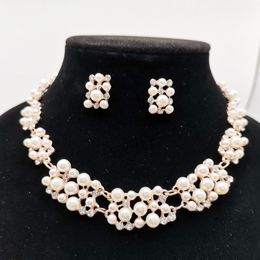 Imitatie parel elegante bruids sieraden kristallen ketting oorbellen voor meisje party cadeau rhinestone verlovings sieraden sets