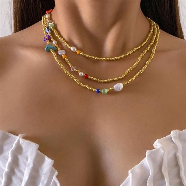 Collier de perles de riz d'imitation, fleur irrégulière, chaîne de clavicule Turquoise pour femmes, multicouche, épissage en or, colliers colorés, accessoires de bijoux