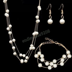 Ensemble de bijoux en perles d'imitation, Double couche, boucles d'oreilles, collier, Bracelet, mariage
