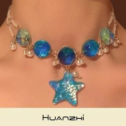 HUANZHI INS – chaîne en métal avec perles d'imitation, pendentif en résine bleue, étoile de mer, tendance, Unique, bijoux d'été Y2K, 240115