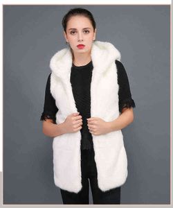 Manteau de fourrure de lapin d'imitation à capuche coréen slim fit moyen long fourrure de vison sans manches gilet de fourrure chaude pour les femmes 211207