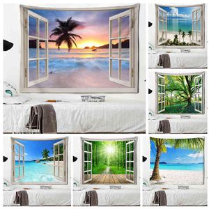 Imitation Window Beach Forest Tapestry Sunrise sur la paroi maritime suspendue Bohemian Layscape Style Psychedelic Mandala Home Decor J220804