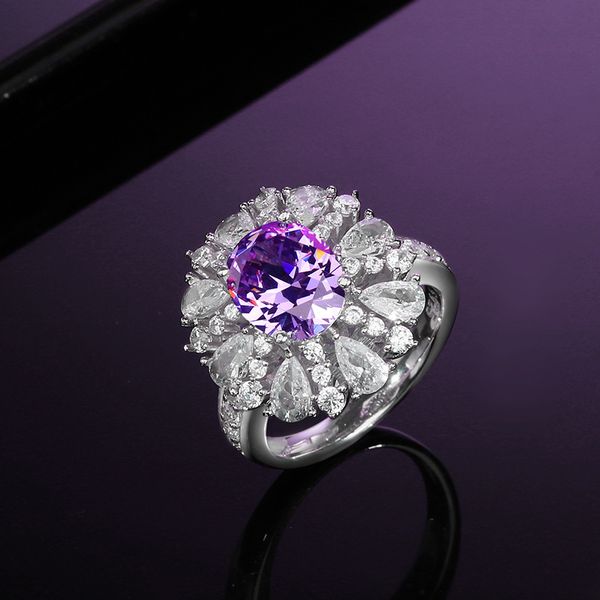 Anillo de circón de imitación para mujer, anillo de amatista exquisito, piedra de alto carbono, luz de lujo, plata S925, regalo de alta calidad, joyería de boda