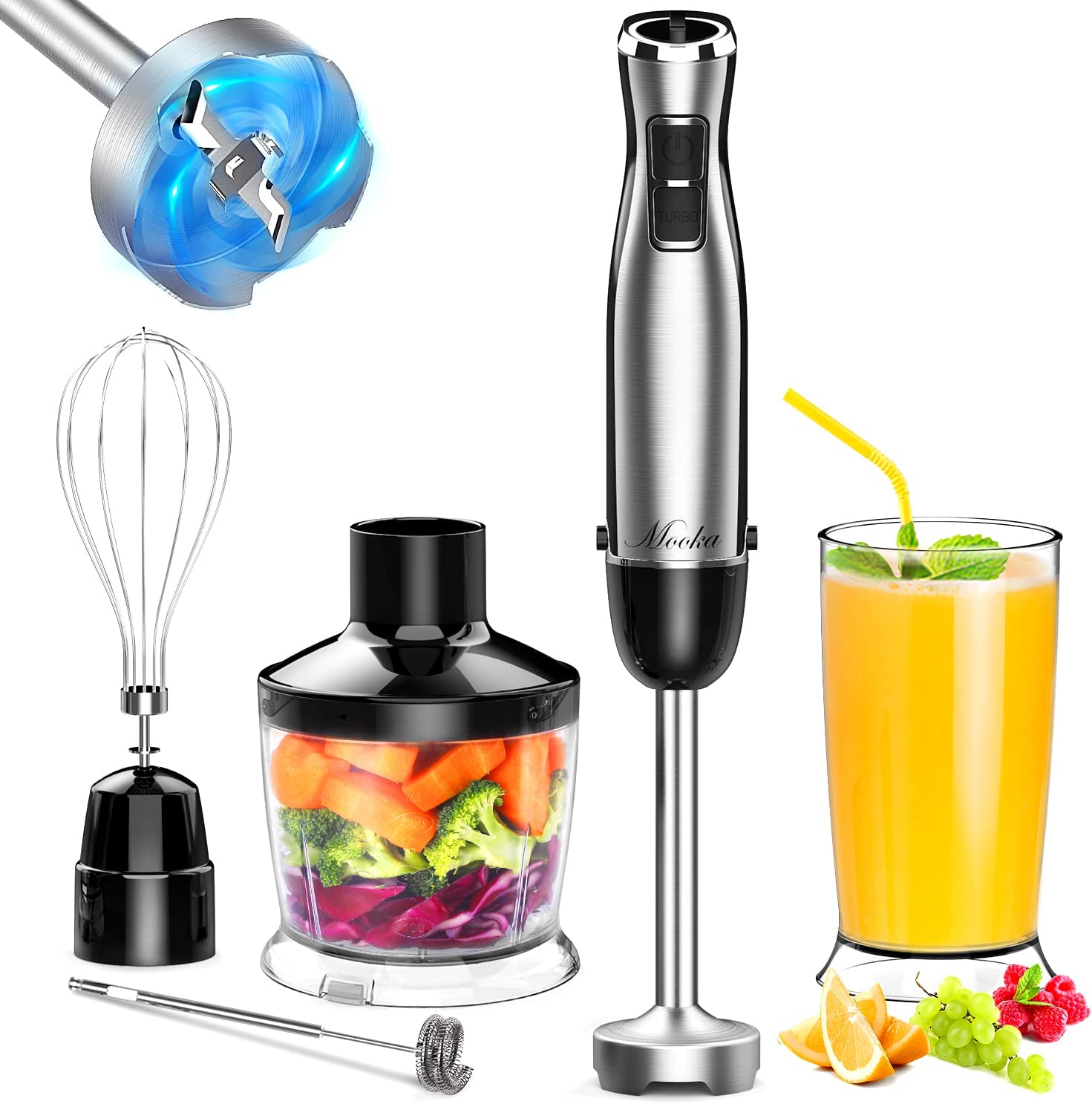 Immersion Blender Handheld, 1100W 5-in-1 Multi-Purpose Hand Blender, 12-Speed Stick Blender, 600ml Beaker, 500ml Chopper, Egg Whisk, Milk Frother, Black