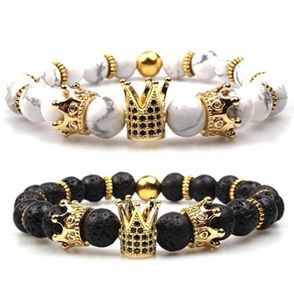 Imperial Crown Lava Stone Beads Bracelet Kingqueen Luxury Charm Couple Jewelry Gift For Women Men Hommes Breded Strands9793876