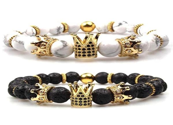 Imperial Crown Lava Stone Beads Bracelet Kingqueen Luxury Charm Couple Jewelry Gift For Women Men Hommes Strands8209910