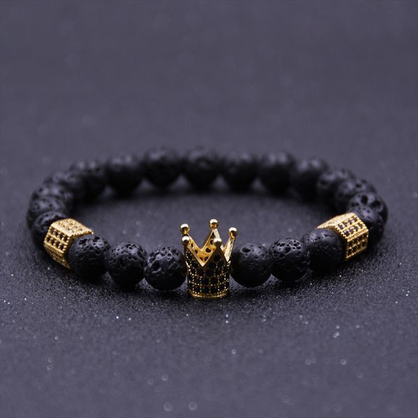 Pulseras con tapones de corona Imperial, piedra de Lava negra, pulsera de cuentas de piedra Natural para Mujer y hombre, Pulseras de joyería para Mujer