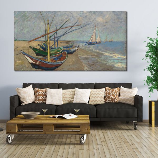 Lienzo impresionista, barcos de pesca en la playa, pintura hecha a mano de Vincent Van Gogh, obra de arte, decoración moderna para sala de estar