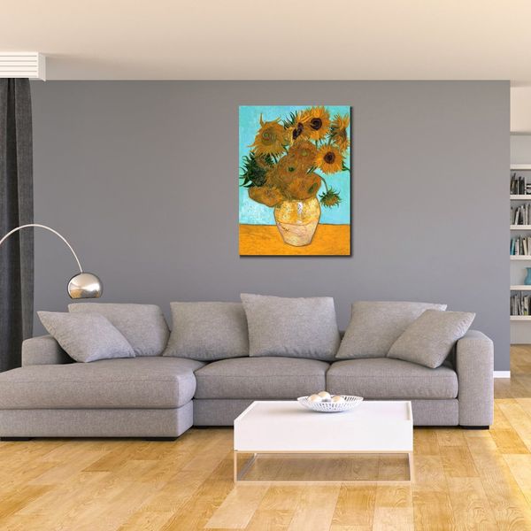 Lienzo impresionista, jarrón de naturaleza muerta con doce girasoles, pintura al óleo de Vincent Van Gogh, decoración de dormitorio moderna hecha a mano