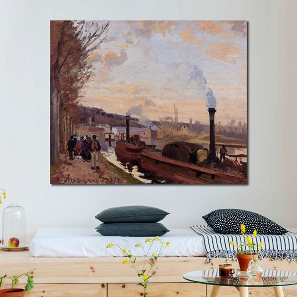 Impressionniste Toile Art La Seine au Port Marly Camille Pissarro Peinture À L'huile Paysage À La Main Moderne Chambre Décor