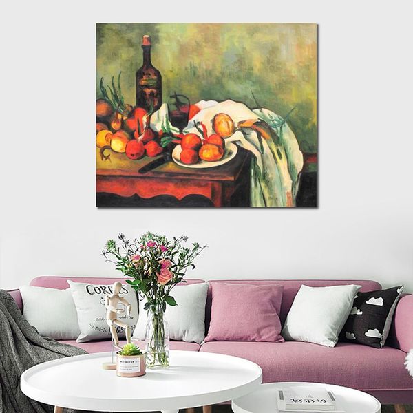 Impressionniste Paysage Toile Art Nature Morte avec Oignons et Bouteille Paul Cézanne Peinture Oeuvre Faite À La Main pour Le Hall De L'hôtel