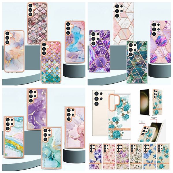 32Designs Marble Soft IMD TPU TPU Chromé pour Samsung S24 Ultra S24 Plus Fashion Flower Ocean Bling Scale Placing Granite Stone Phone Telephone Cover