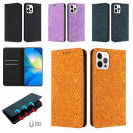 Opdruk Bloem Zuig lederen portemonnee hoesjes voor iPhone 15 14 Plus Pro MAX 13 12 11 XS X XR 8 7 Retro Etnische Stijl Bloemen Magnetische Sluiting ID-kaartsleuf Houder Flip Cover Portemonnee