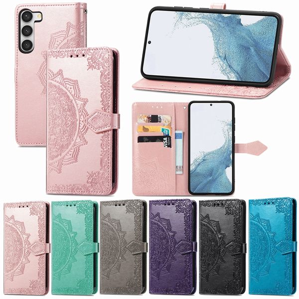 Empreinte Dentelle Fleur Portefeuille Étuis En Cuir Pour Samsung S23 Ultra Plus Galaxy M13 4G X Couverture 6 Pro A23E Titulaire Flip Cover Mode Filles Dame Fente Pour Carte Livre Téléphone Pochette Sangle