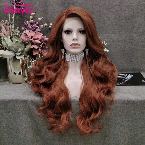 Imstyle – perruque Lace Front Wig synthétique ondulée rouge cuivre, perruque Lace Front Wig longue et ondulée en Fiber résistante à la chaleur pour femmes, perruque Lace Wig naturelle noire blanche 240226