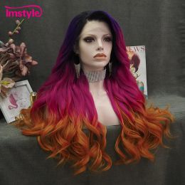 Imstyle ombre Synthétique Lace Front Perruque Multicolor Purple Perruques pour les femmes Fibre de chaleur Long Wavy Lace Wig Wig Wig