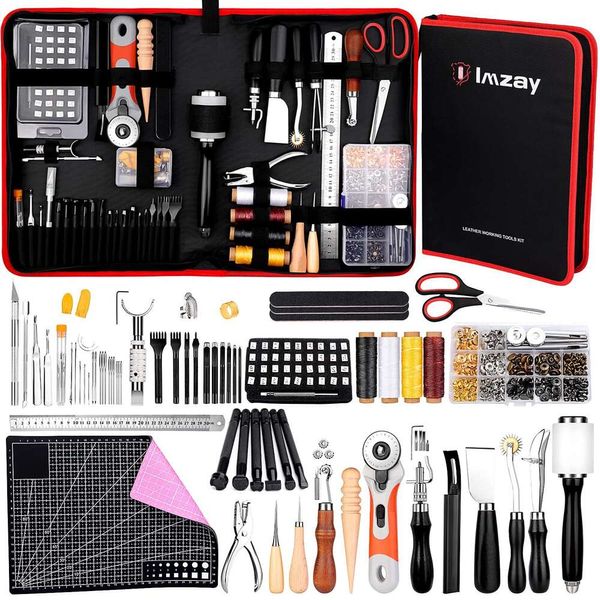 IMZAY Kit de travail d'outillage de 415 pièces, compact pour débutant et fournitures avec outils de sculpture, de coupe, d'artisanat pour gaine en cuir, portefeuille, ceinture, siège de botte, couture